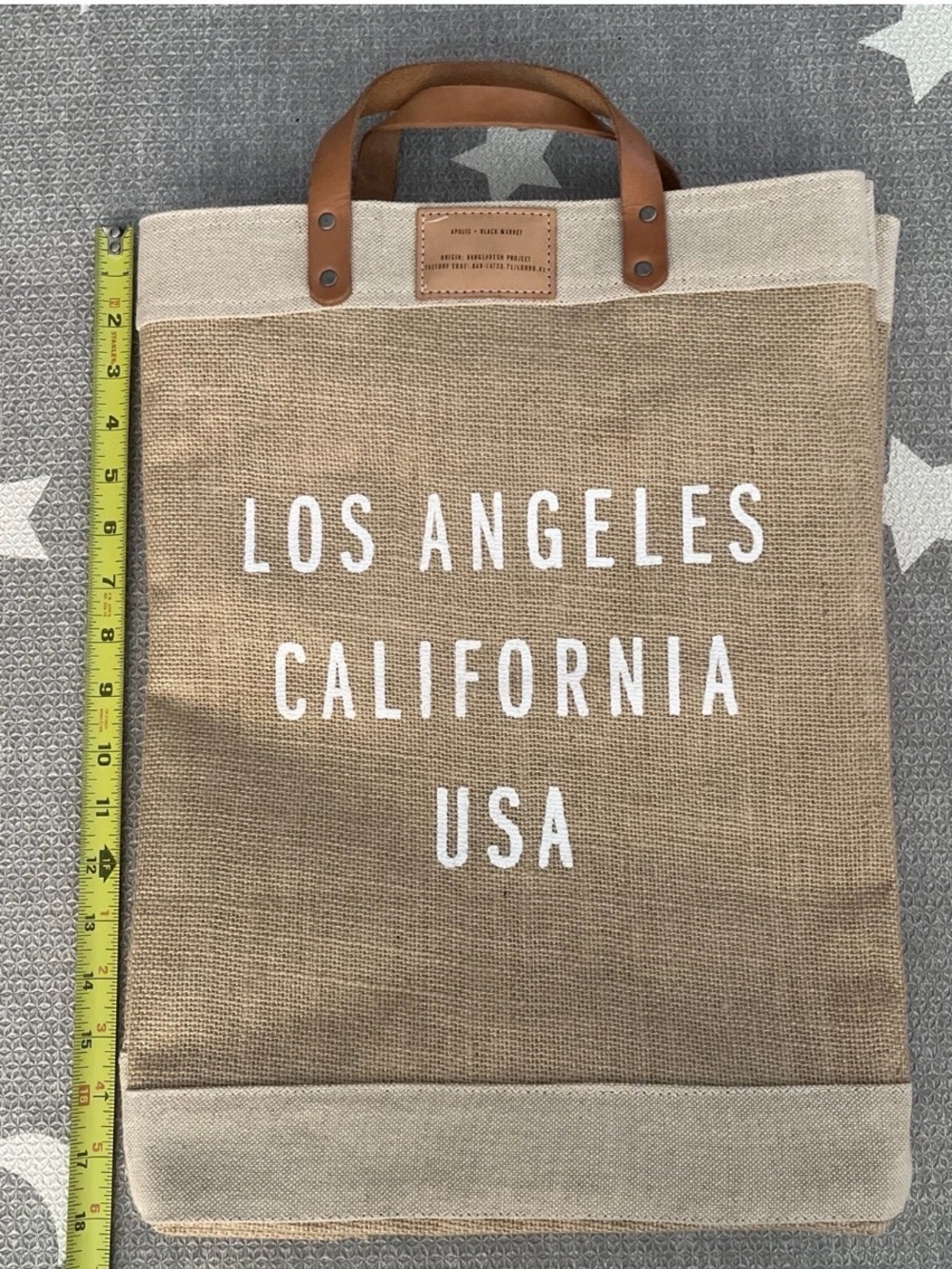 Apolis Global Jute Tote Bag with Leather Handles labeled Los Angeles California
